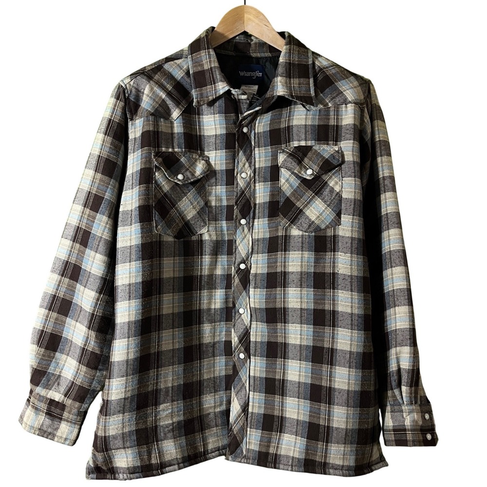 Large Wrangler Mens Plaid Flannel Vtg Lined Pearl Snap Western Shirt Jacket‎
